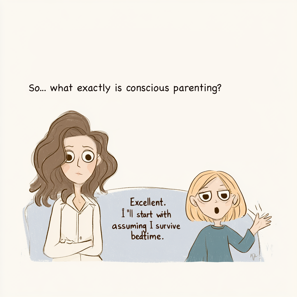 Cartoon parent and child discussing what conscious parenting actually is