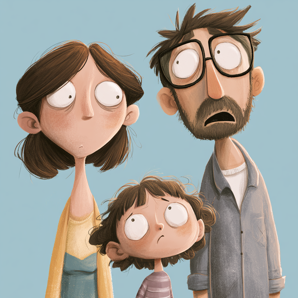 Cartoon family looking wide-eyed and slightly overwhelmed